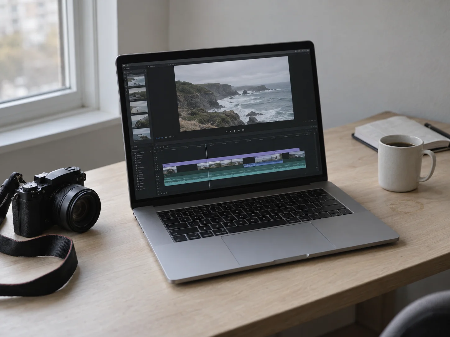 Un ordinateur sur un bureau en bois clair, près d’une fenêtre, avec un montage de paysages côtiers à l’écran et un appareil photo à côté.